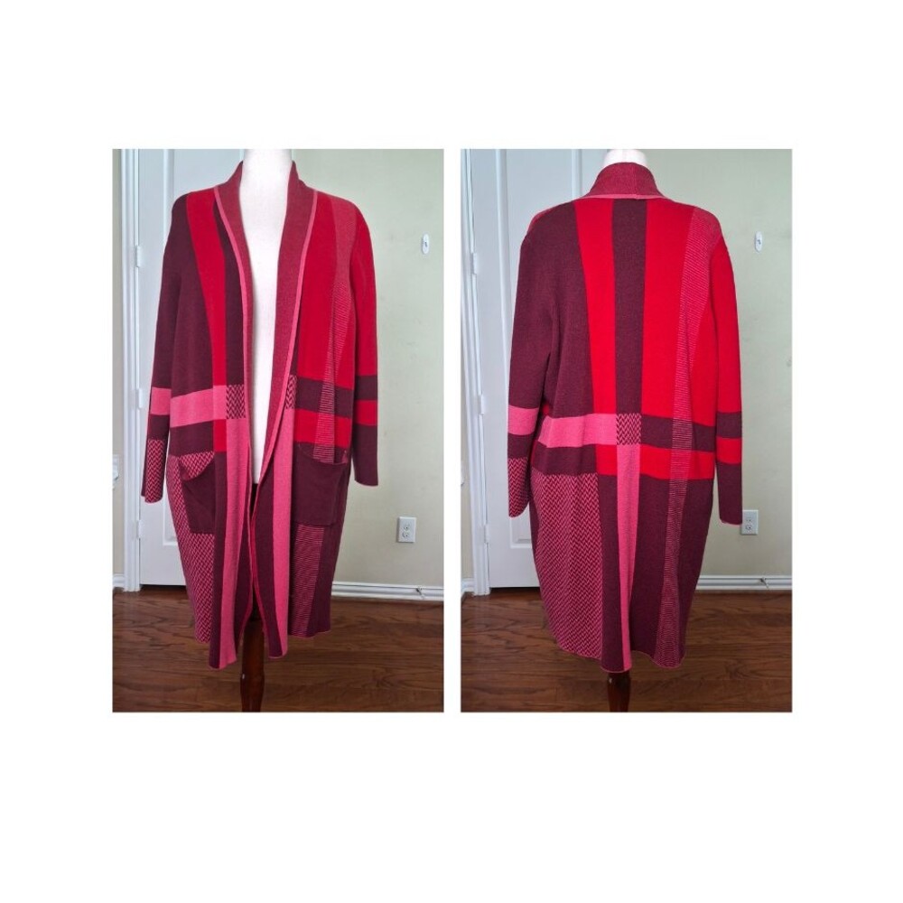 Red Colorblock Open Longline Cardigan Duster Coat 1X Fall Sweat Christmas Office